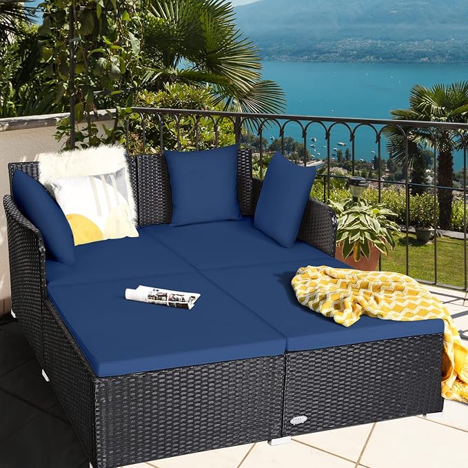 COSTWAY Outdoor Patio Rattan Daybed, Sponge Cushioned Loveseat Sofa - Image 2