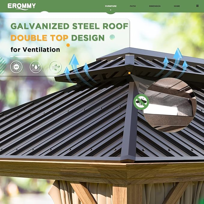 EROMMY 12' x 12' Gazebo, Wooden Finish Coated Aluminum Frame Canopy - Image 5
