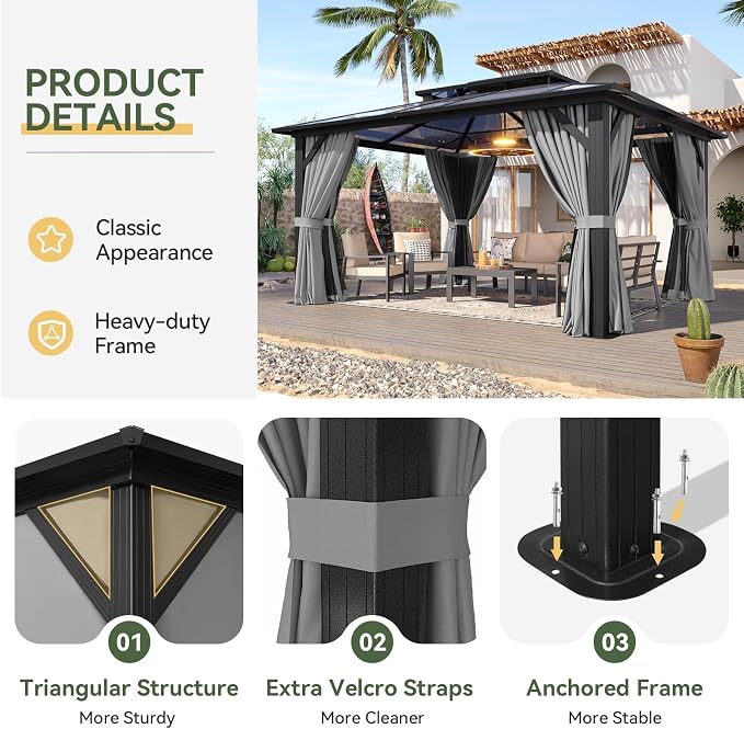 Aoxun 12'x14' Hardtop Gazebo, Aluminum Frame Permanent Pavilion - Image 6