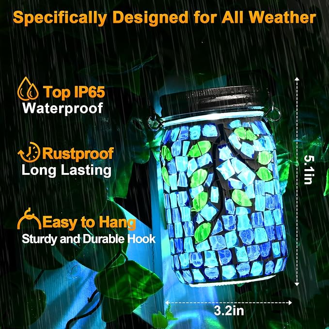 Uspring 2 Pack Mosaic Solar Lanterns Outdoor Waterproof Garden Decor Stained - Image 6