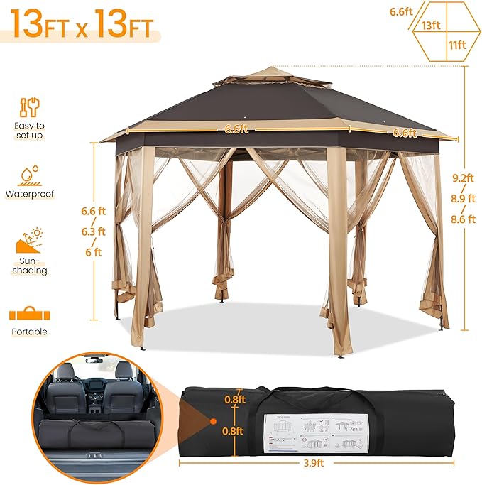Yaheetech 13x13 Pop up Gazebo, Hexagonal Outdoor Canopy Shelter, Instant Patio - Image 3