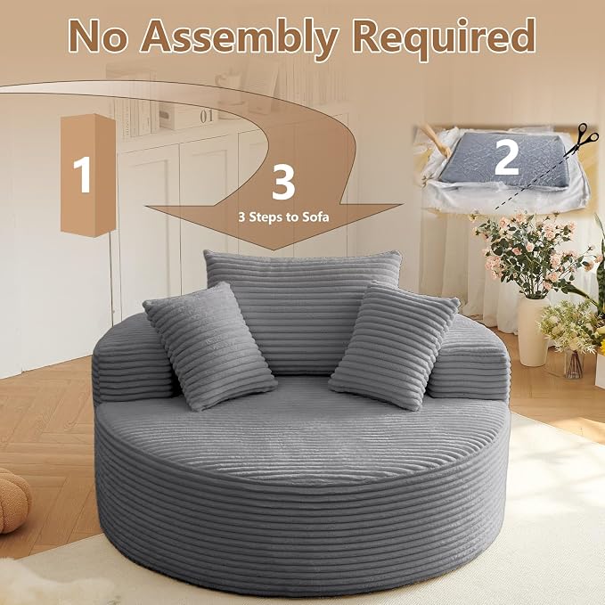 Oversized Round Chair Lounge Chaise Indoor, Upholstered Corduroy Deep Seat - Image 6