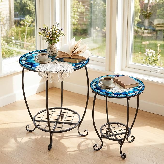 2 Pcs Outdoor Side Table Small Patio Round Mosaic Accent Indoor End Table Plant - Image 2