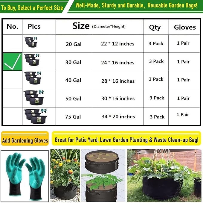 3-Pack 30 Gallon Thickened Plant Grow Bags Large Heavy Duty Garden Bag Fabric - Image 8