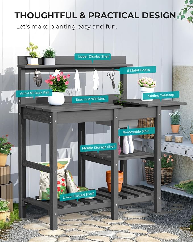 SERWALL Outdoor Potting Bench 2-Piece Set, Rot-Resistant HDPE Potting Table - Image 7