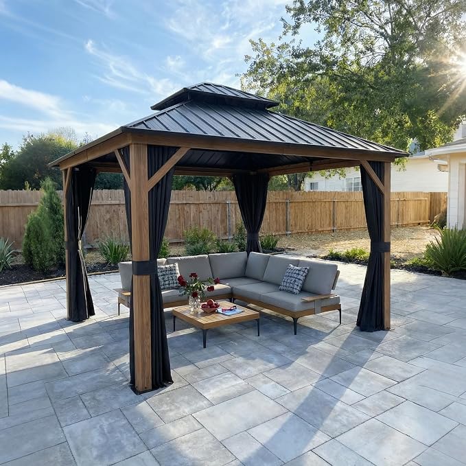 PURPLE LEAF 10' X 10' Hardtop Gazebo Outdoor Wood Grain Aluminum Frame by PURPLELEAF