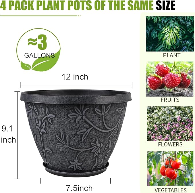 4 Pack 12 Inch Large Flower Pots - Image 3