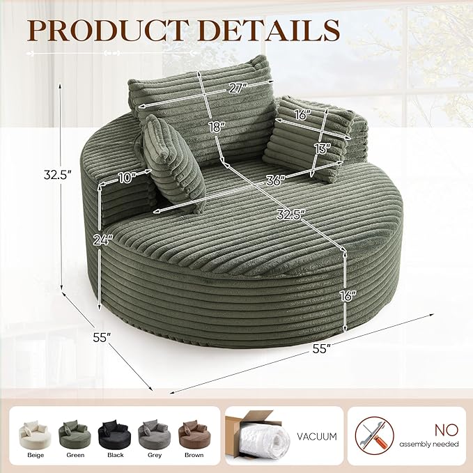 Oversized Round Chaise Longue Chair Indoor, Modern 55-inch Upholstered Corduroy - Image 2