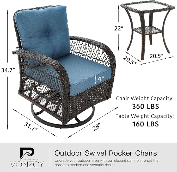 3 Pieces Patio Furniture Set, Outdoor Swivel Glider Rocker, Wicker Patio Bistro - Image 6