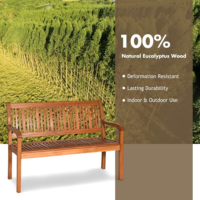 COSTWAY Wooden Bench Outdoor, Curved Armrest & Backrest, Sturdy Outdoor Wood - Image 4