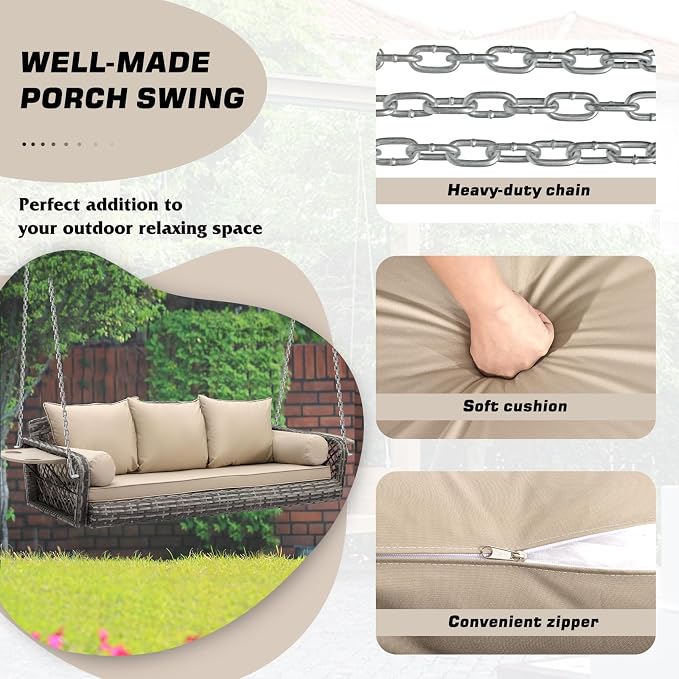 Grepatio 3 Person Porch Swing Patio Wicker Hanging Porch Swing Chair Outdoor - Image 3