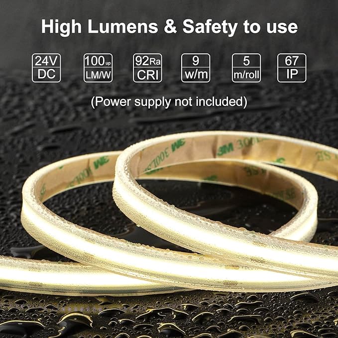 COB LED Strip Lights Waterproof IP67 DC24v Natural White 4000K 16.4ft/5m High - Image 2