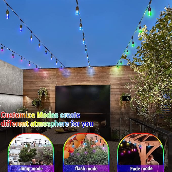 48FT Solar Outdoor RGB String Lights, 15+3 Waterproof Shatterproof LED Bulbs - Image 3