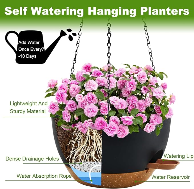 10 inch Hanging Planters for Indoor Plants, 3 Pack Self-Watering Hanging - Image 5