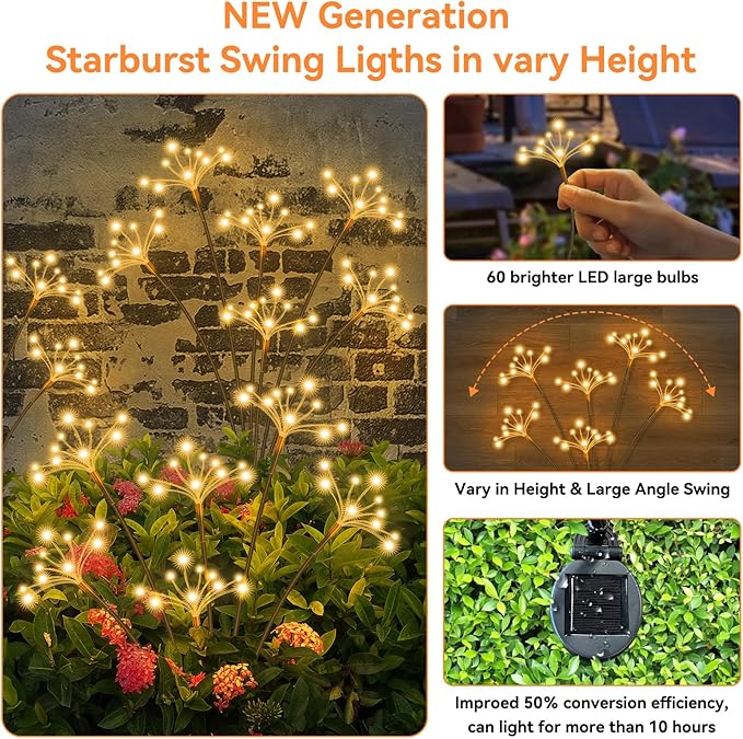 Solar Garden Lights 2 Pack Waterproof Solar Swaying Starburst Light Outdoor - Image 3