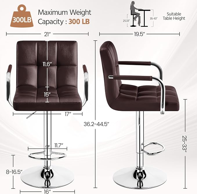 Yaheetech Bar Stools Set of 2, Adjustable PU Leather Swivel Barstools, Modern - Image 3