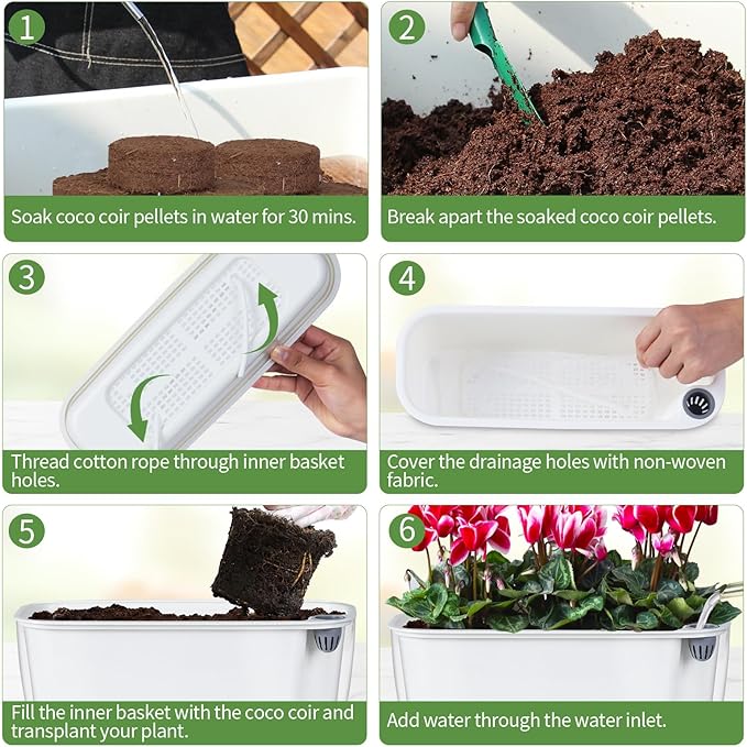 Self Watering Planter with Coco Coir Pellets, 11.8 Inch Plastic Rectangular - Image 6