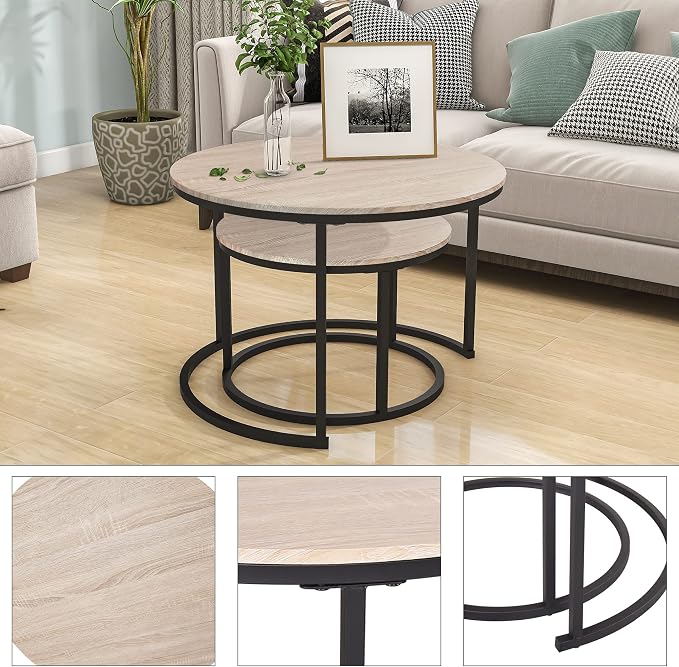 HOJINLINERO Round Coffee Table, Nesting Coffee Table Set of 2, Center Tables - Image 3