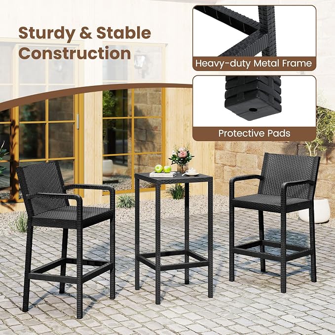 Tangkula 3 Pieces Patio Bar Set, Oudoor Curved Heavy Duty Bar Chairs and Square - Image 5