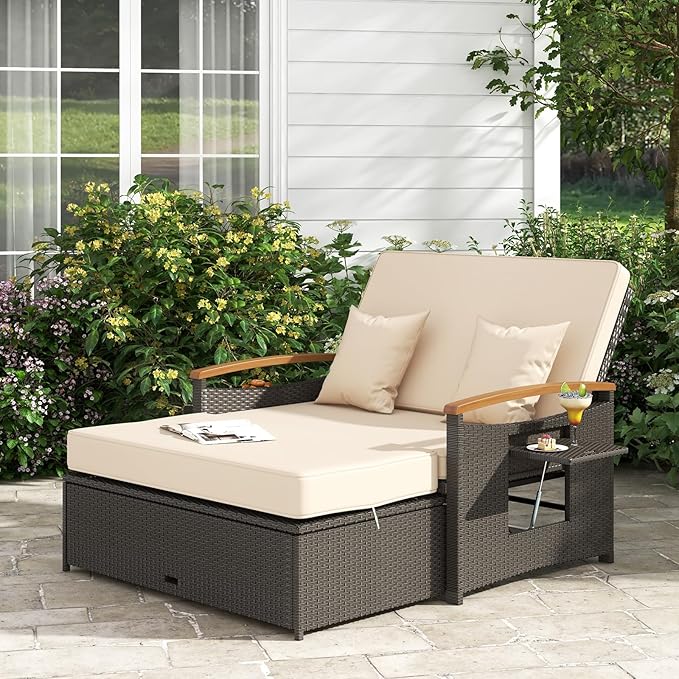 COSTWAY Patio Rattan Daybed, Outdoor Loveseat Sofa by COSTWAY