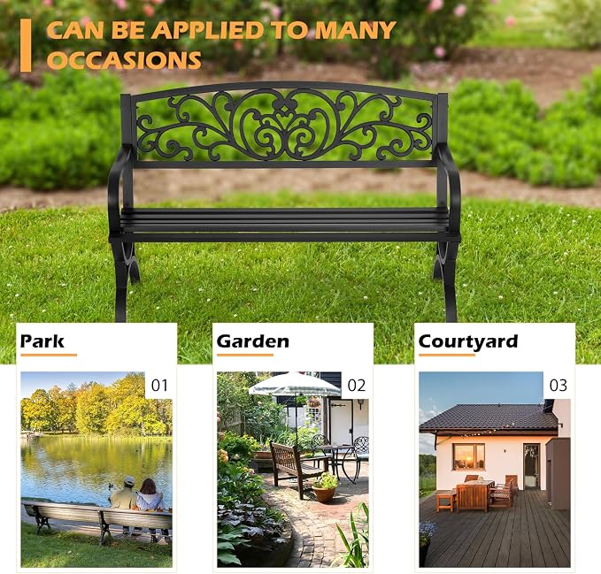 PayLessHere Black Outdoor Metal Loveseat Chairs Patio Garden Bench 50-inch - Image 6