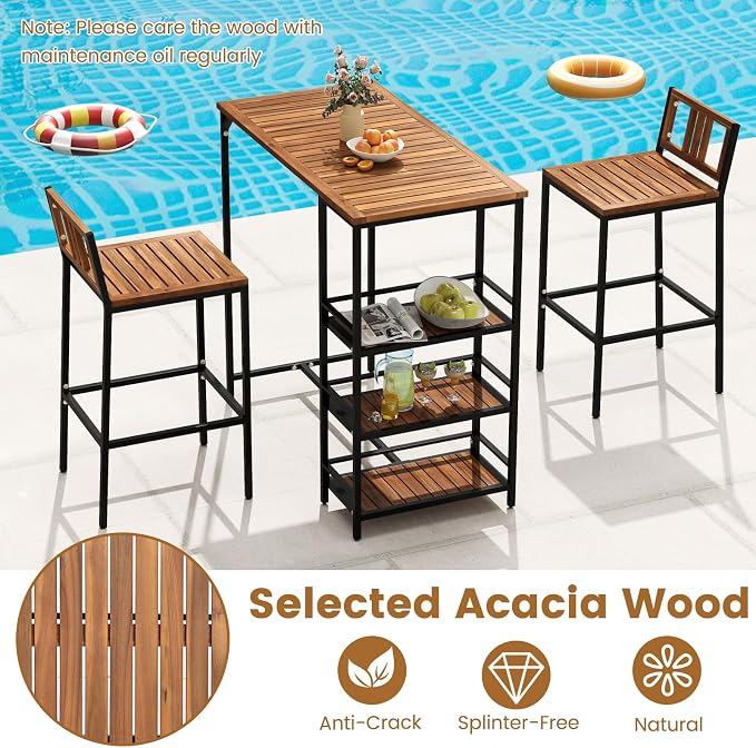 Tangkula Outdoor Wood Bar Set, 3 Pieces Patio Bar Height Table & Chair Set w/ - Image 5