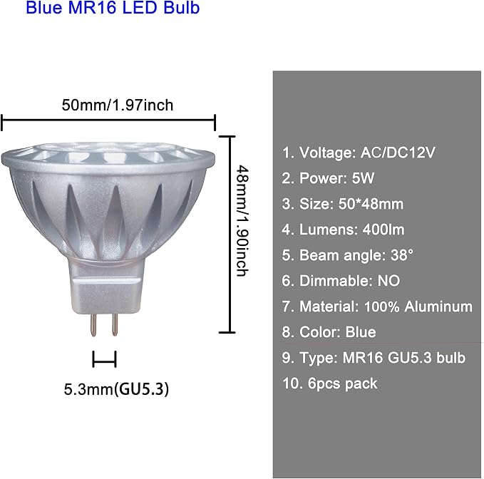 ALIDE MR16 GU5.3 Blue Led Bulbs 5W, 20W 35W 50W Halogen Equiv, Low Voltage 12V - Image 2