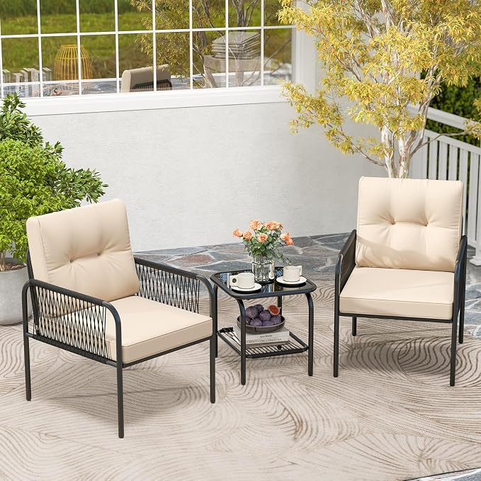 Tangkula 3 Pieces Patio Bistro Set, PE Rattan Furniture Set - Image 3