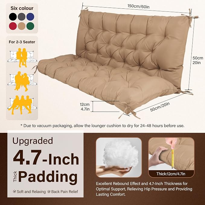 Waterproof Porch Swing Cushions 60 Inch, 2 3-Seater Replacement - Image 4