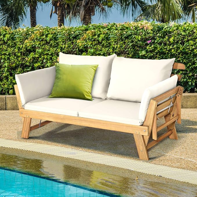 Tangkula Convertible Acacia Wood Patio Couch Sofa Bed - Image 2