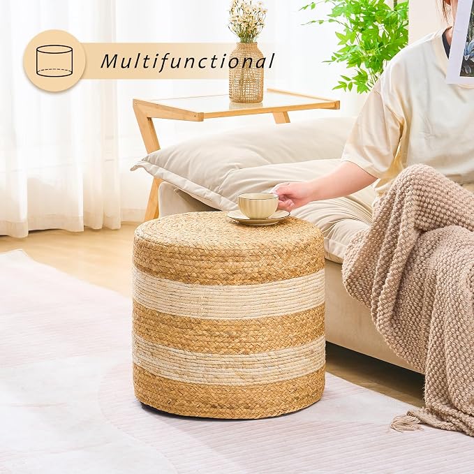 Handwoven Ottoman Pouf, Natural Water Hyacinth Footstool, Round Braided Outdoor - Image 5