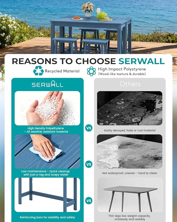 SERWALL 3-Piece Outdoor Bar Set, Rectangular All Weather HDPE Bar Height Patio - Image 9