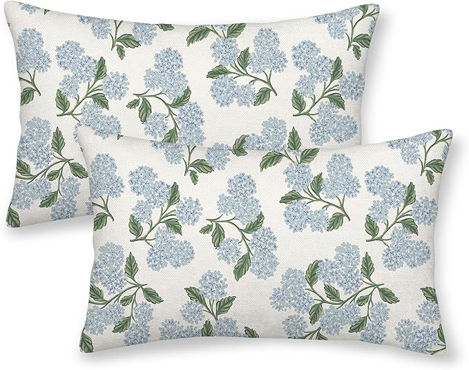 Spring Pillow Covers 12x20 Inch 2 Pcs Blue Green Hydrangea Flower Decor Throw by DAFENA