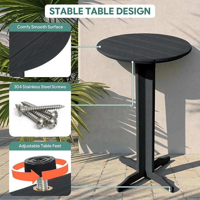 3-Piece Outdoor Bar Table Set, HDPE Patio Dining Set, 1 Round Bar Table & 2 Bar - Image 5