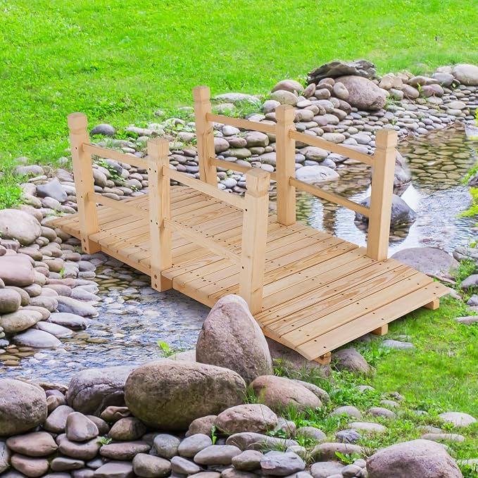 Tangkula 5 FT Wooden Garden Bridge, Arch Stained Finish Footbridge - Image 3