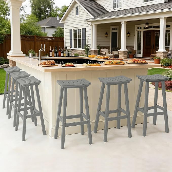 Outdoor Bar Stools Set of 6, 29 Inch All-Weather HDPE Bar Height Chairs - Image 7
