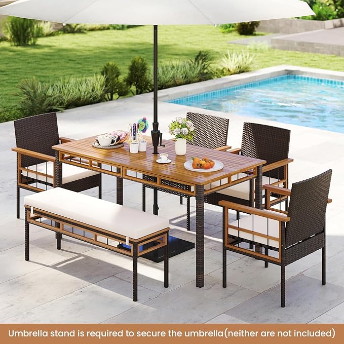 Tangkula 6 Pieces Patio Dining Table Set, Outdoor Rectangular Acacia Wood Table - Image 3