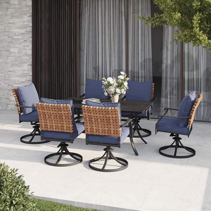 Grand patio 7-Piece Outdoor Dining Set, 6 Leather-Look Wicker Swivel Blue Patio - Image 2