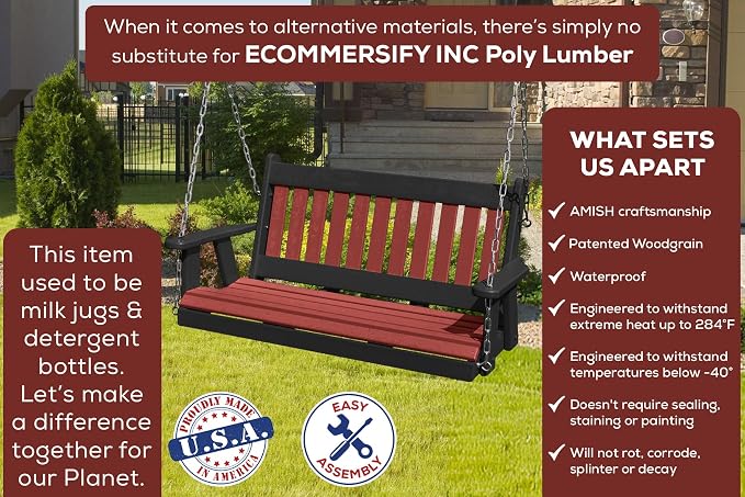 Poly Lumber Wood 4FT Mission Porch Swing Amish Craftsmandship Made in USA HDPE - Image 3