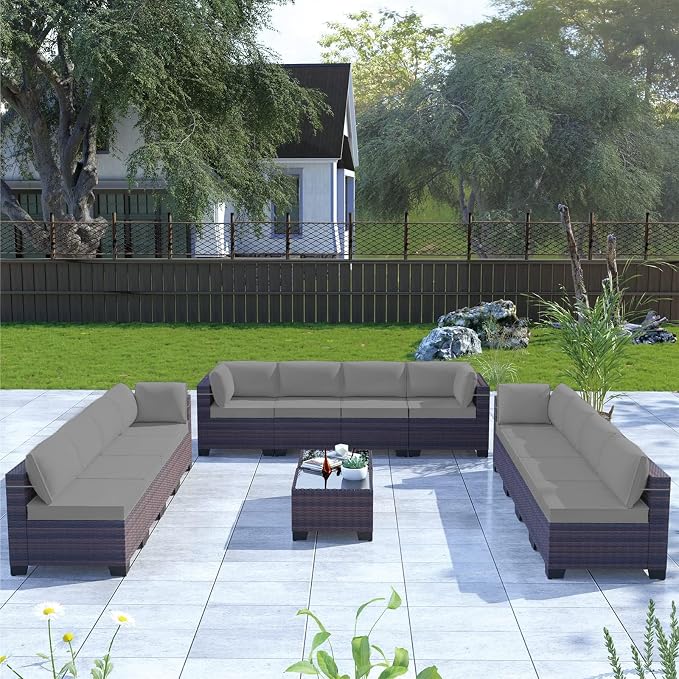 Kullavik 14 Pieces Outdoor Patio Furniture Set PE Wicker Rattan Sectional Sofa - Image 6
