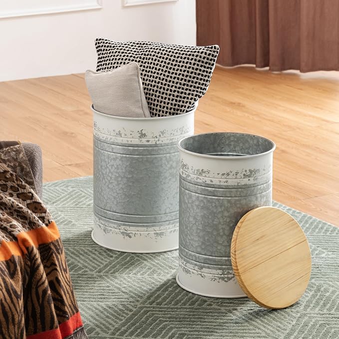 Glitzhome Rustic End Table Set of 2, Farmhouse Galvanized Metal Barrel Ottoman - Image 4