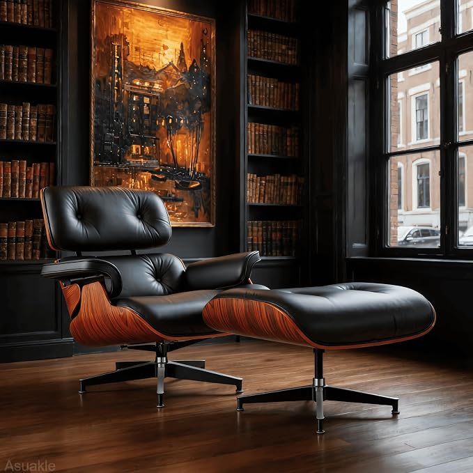 Top Black Grain Leather, Mid Century Chaise Lounge Chair and Ottoman, Modern - Image 5