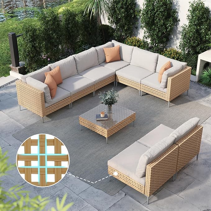 Grand patio 9-Piece Wicker Patio Furniture Set, Boho Outdoor Conversation Set by GrandPatio