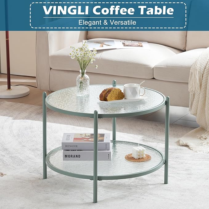 VINGLI 25.6" Small Light Bright Green Round Coffee Table Water-Wave Glass - Image 3