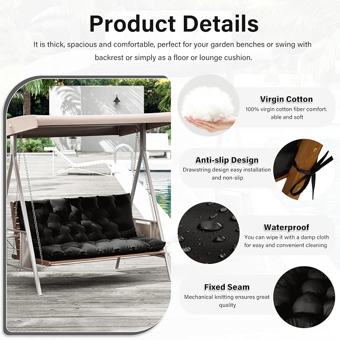 Porch Swing Cushion with Backrest, Waterproof Bench Cushion - Image 3