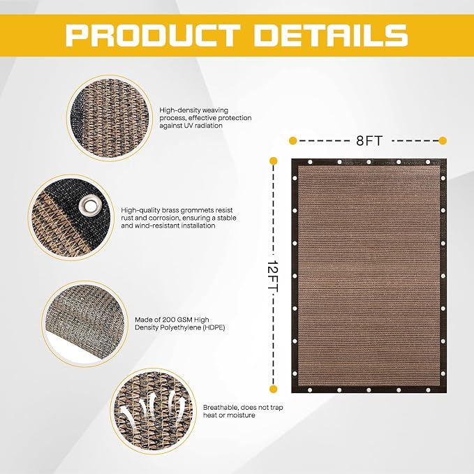 8'x 12' Sun Shade Cloth with Bungee Balls, Mocha Outdoor Pergola Shade Cover - Image 3