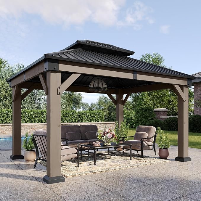 Aoxun 10' x 12' Outdoor Wood Gazebo, Hardtop Gazebo Permanent Wooden Pavilion by Aoxun