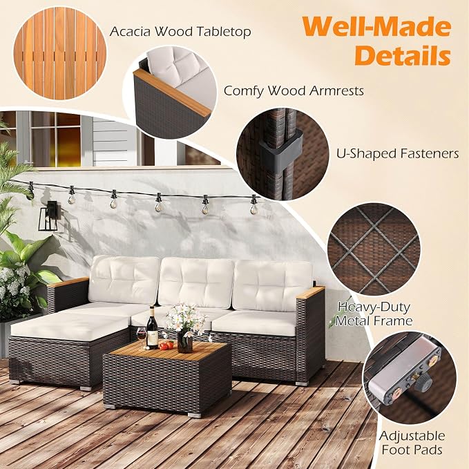Tangkula 5 Pieces Outdoor Patio Furniture Set, L Shaped Rattan Cushioned Chairs - Image 6