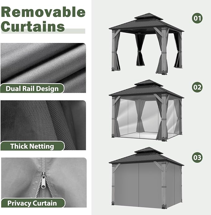 8.5'x8.5' Hardtop Wood Gazebo, Outdoor Double Roof Galvanized Steel Top Gazebo - Image 8