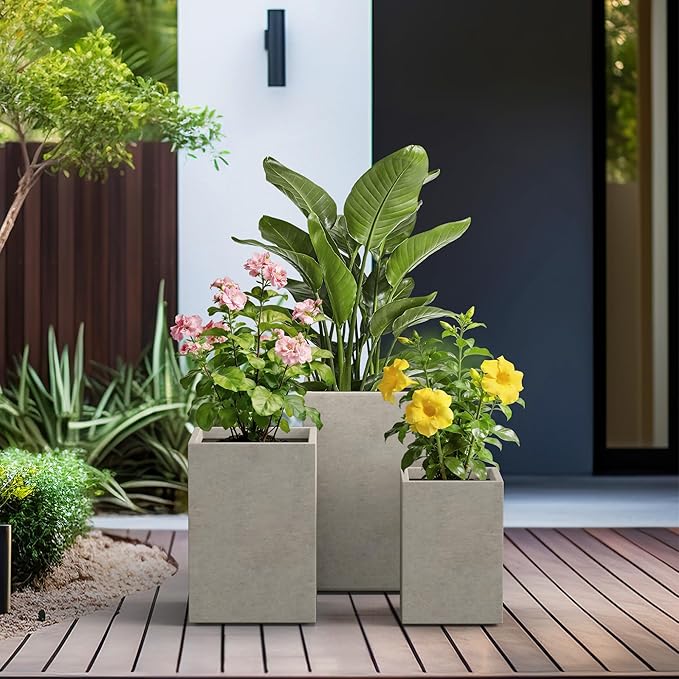 Kante 18.5", 12.6" H Tall Rectangular Concrete Planters Set of 3, Outdoor - Image 4